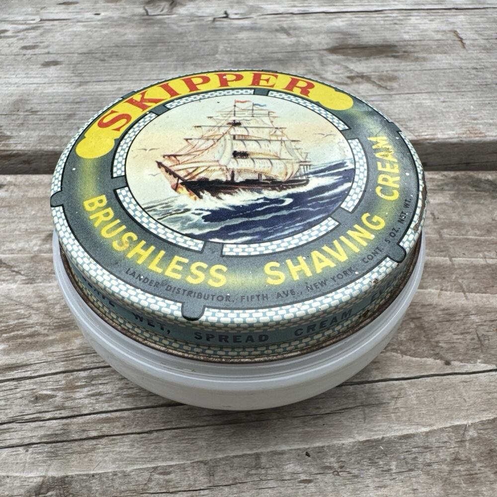 Vintage 1960s Skipper Shaving Cream Container 2.75" Glass Bottom Tin Top